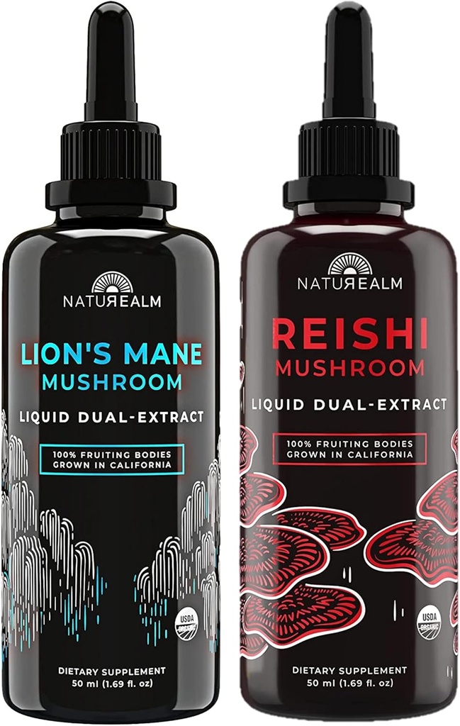 Naturealm Reishi &amp; Lion’s Mane Mushroom Extract - Adaptogen Stack for Focus, Immunity, Longevity, Gut Health, Anti-Aging, Energy &amp; More - Organic Liquid Drops - 50 mL Cada (2 Pack)