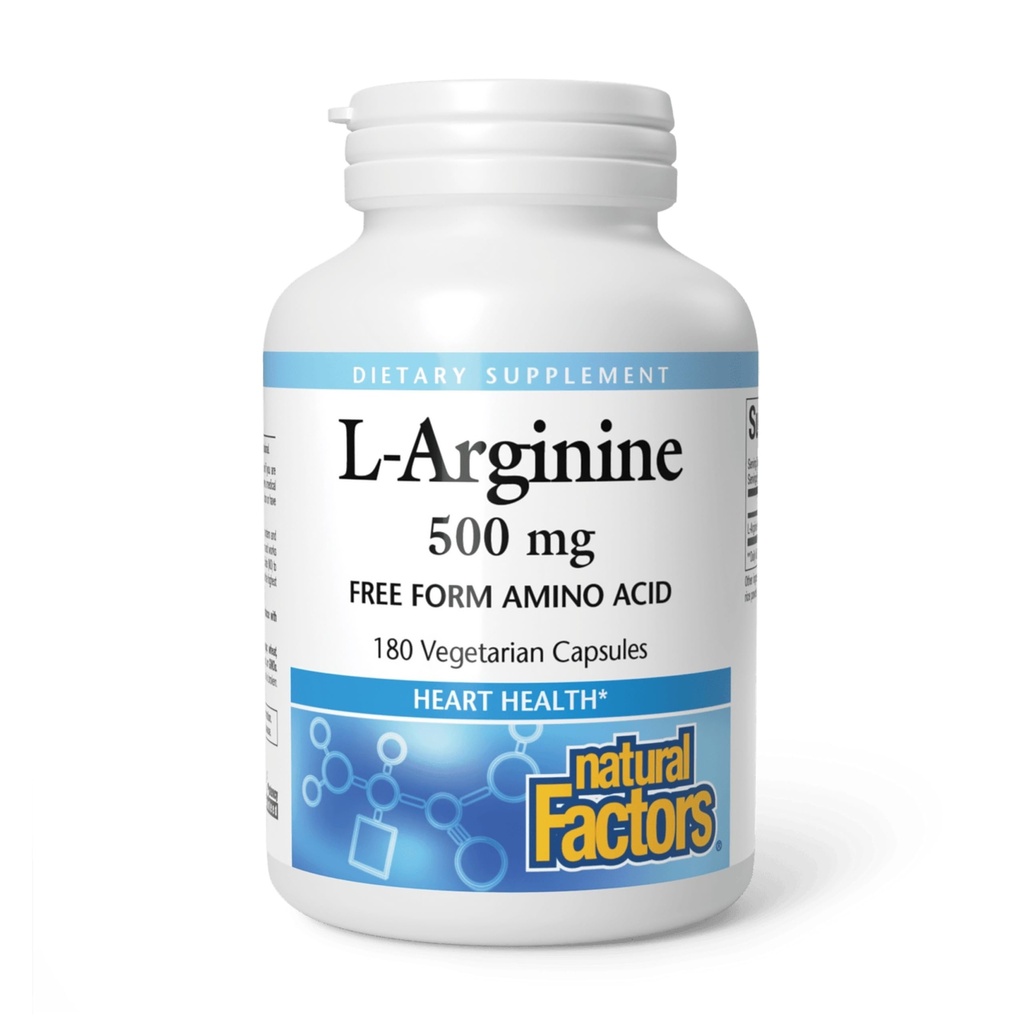 Factores naturales, L-Arginina 500 mg, soporta un sistema cardiovascular saludable, metabolismo cardíaco y muscular, 180 cápsulas (180 porciones)