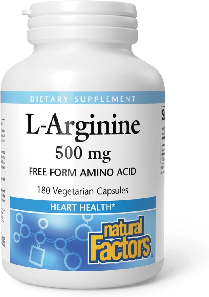 Factores naturales, L-Arginina 500 mg, soporta un sistema cardiovascular saludable, metabolismo cardíaco y muscular, 180 cápsulas (180 porciones)
