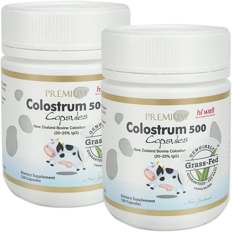 (Pack of 2) Hi Well Premium 100% Puro Nueva Zelanda Bovine Grass-Fed Colostrum 500 120 Capsules
