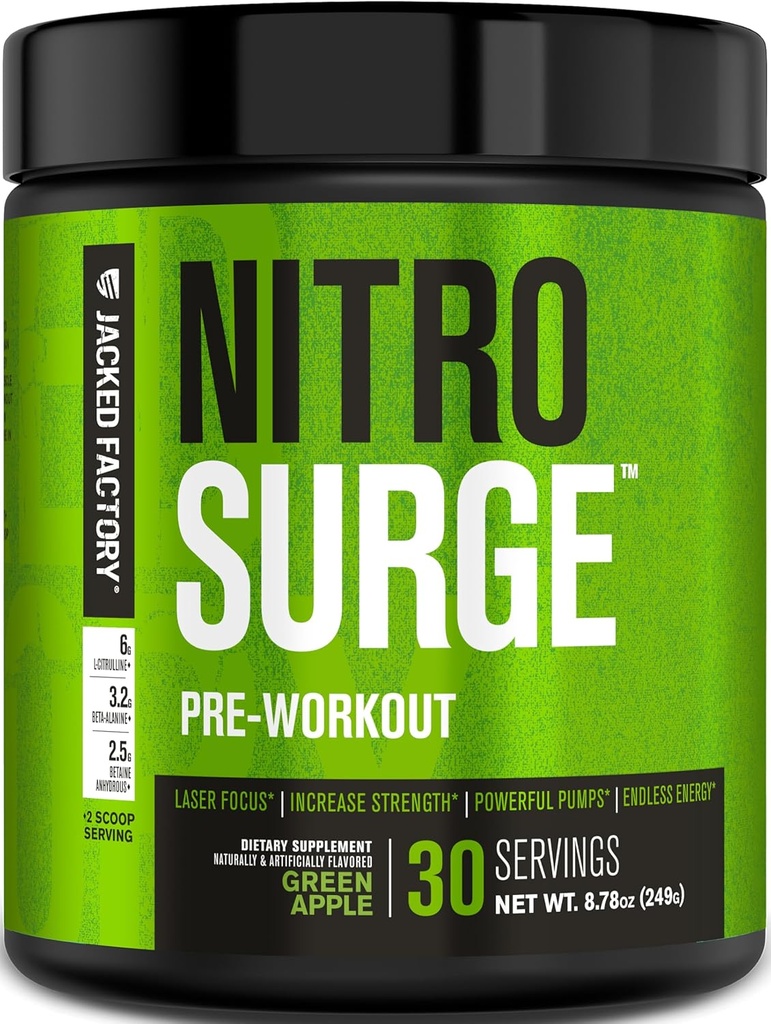 Fábrica de Jacked NITROSURGE Pre Workout Suplemento - Endless Energy, Instant Strength Gains, Clear Focus, Bombas Intensas - NO Booster &amp; Powerful Preworkout Energy Powder - 30 Servings, Green Apple