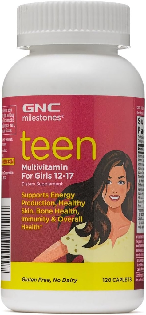 Millas GNC Adolescentes Multivitamina para niñas 12-17, 120 Caplets, apoya la producción energética y la piel saludable, la salud ósea y la inmunidad