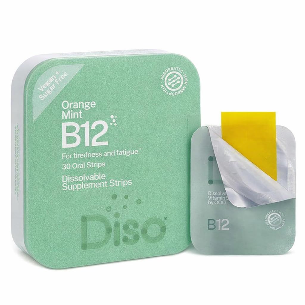 DISO - Vitamina B12 - Tiras Orales de rápida resolución, para Cansancio y Fatiga, Orange Mint Flavor, Vegan, Sugar Gratis, Maximum Absorption, Gluten Free, Individually Wrapped, 30 Dissolvable Strips
