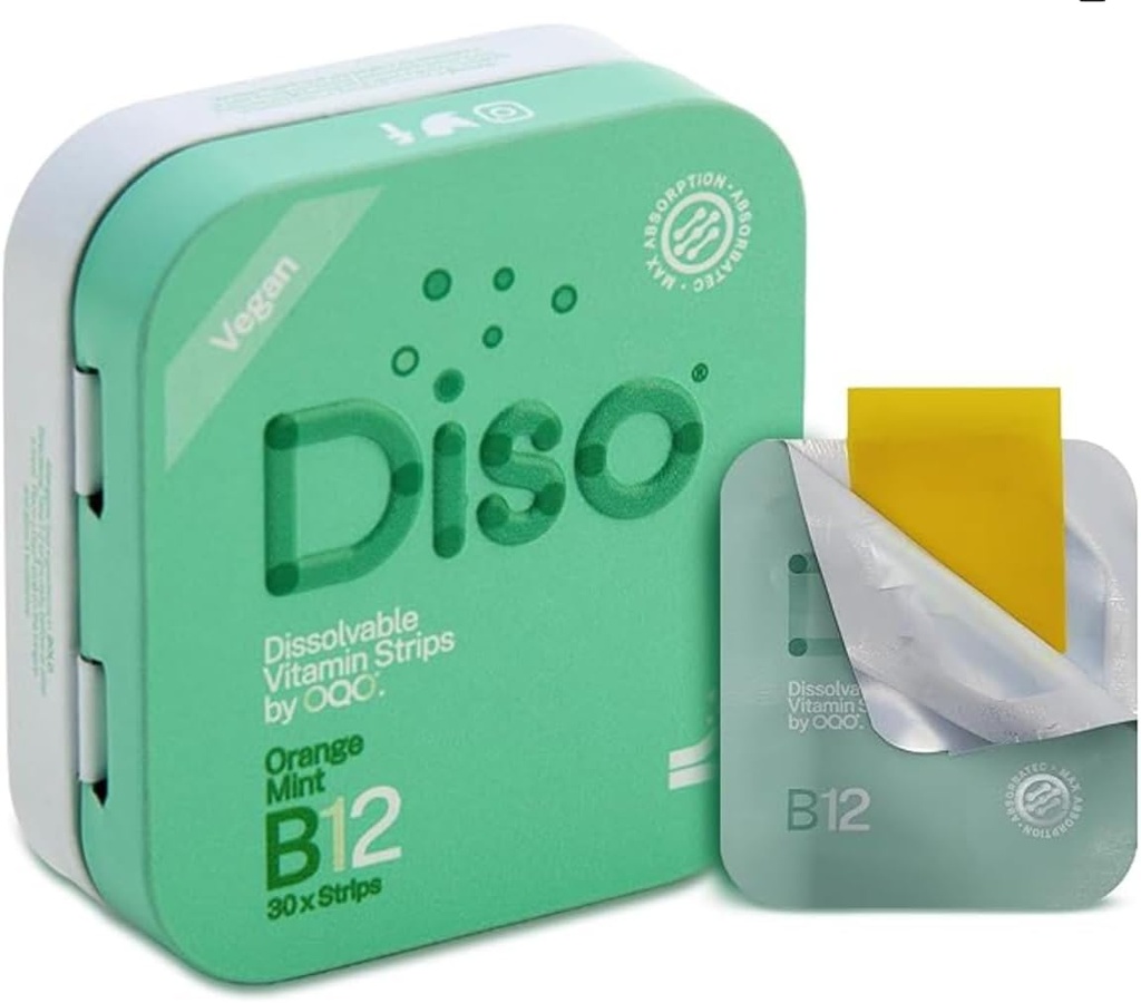 DISO - Vitamina B12 - Tiras Orales de rápida resolución, para Cansancio y Fatiga, Orange Mint Flavor, Vegan, Sugar Gratis, Maximum Absorption, Gluten Free, Individually Wrapped, 30 Dissolvable Strips