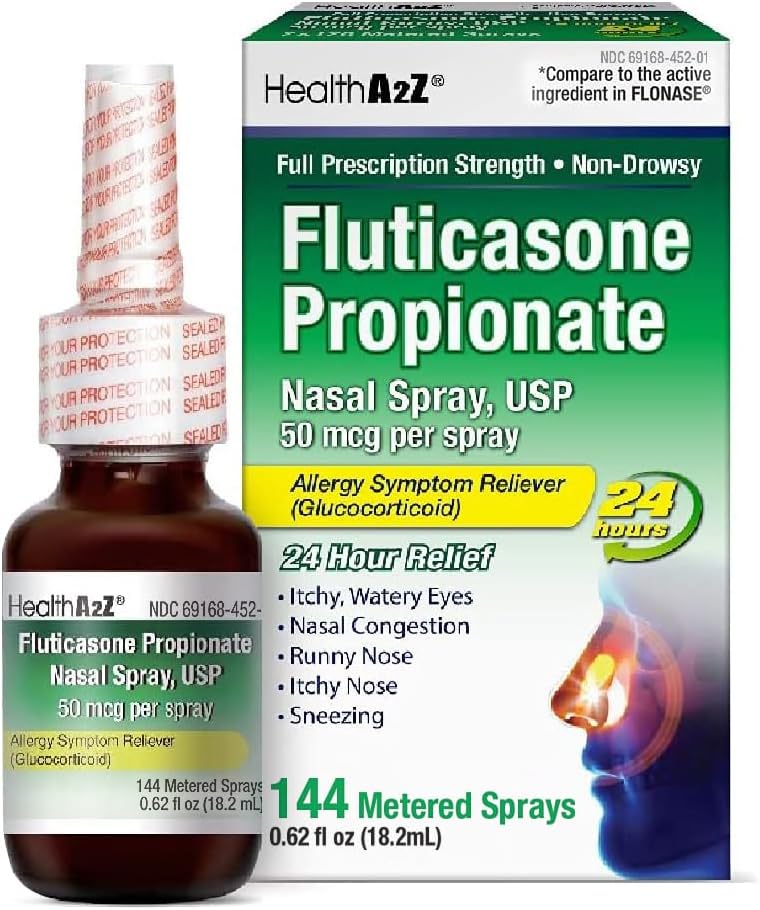 HealthA2Z® Fluticasone Propionate Nasal Spray ← 50 mcg per Spray Silencio 24 horas Alivio de la alergia TEN 144 Sprays ANTE 0.62 fl oz. (18.2mL) (0.62 fl oz. (Pack of 1))