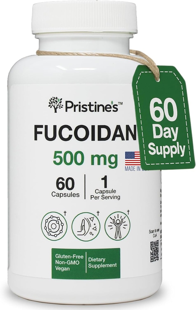 PriSTINE'S Fucoidan 500MG Immunity Supplement Capsules - 60 Day Supply - Brown Seaweed Extract - Potent Herbal Antioxidant Lung Health & Skin Health Support