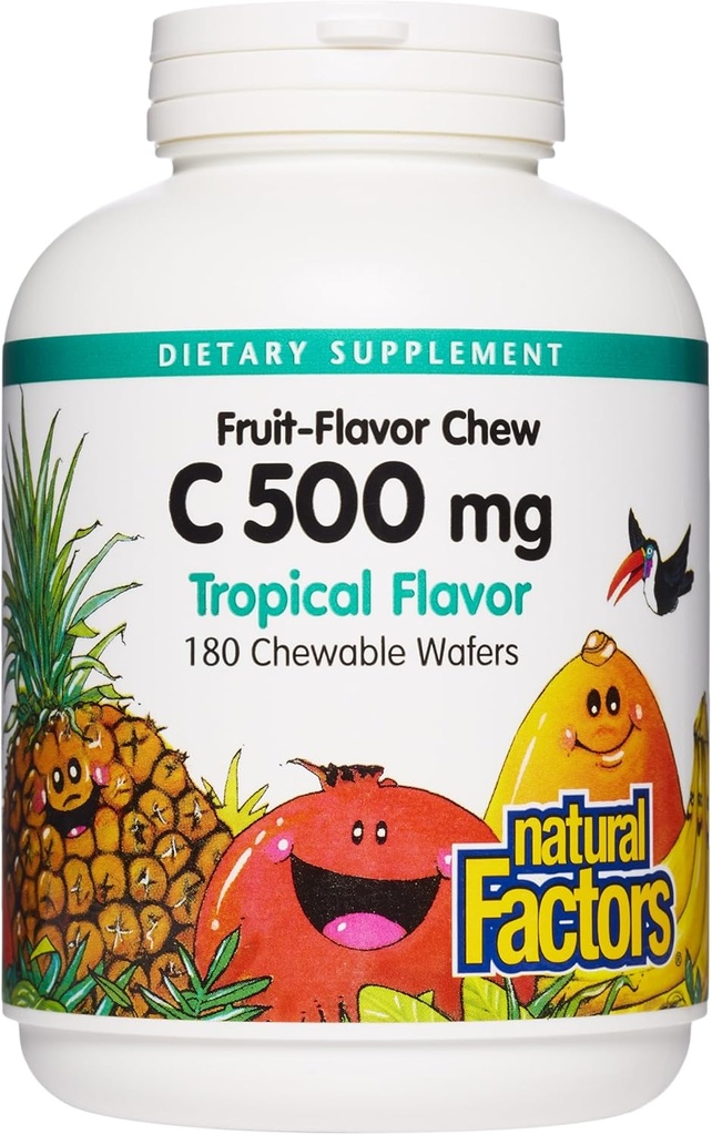Factores Naturales, Niños Vitamina C 500 mg Chewable, Soporta Salud Inmune, Huesos, Dientes y Gums, Tropical, 180 Cuenta (Pack of 1)