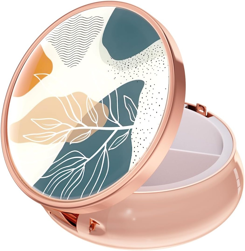 Rouidr Pill Box, 3 Compartment Medicine Pill Case, Small Metal Travel Medicine Box for Purse & Pocket, Rose Gold, Abstract Boho Leaf