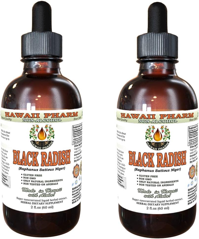 Hawaii Pharm Black Radish Extract líquido libre de alcohol, Black Radish (Raphanus Sativus Niger) Dried Root Glycerite Natural Herbal Suplemento 2x2 oz