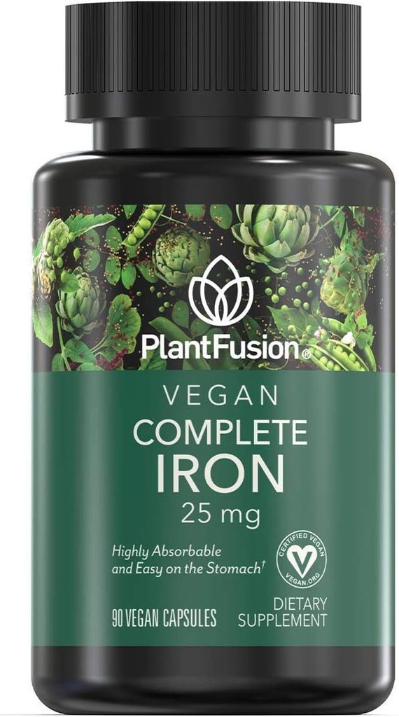 PlantFusion Vegan Iron Suplementos de, Premium Plant Based Iron Suplementos para Mujeres y Hombres (25 mg), Plus Folate " B12, 90 Veggie Capsules