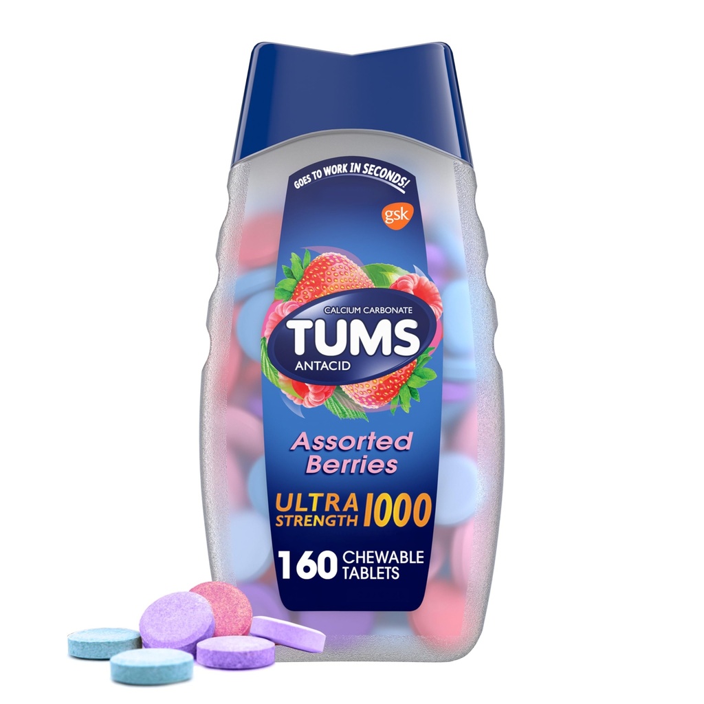 TUMS Ultra Strength Chewable Tablets for Heartburn Relief and Acid Indigestion Relief, Assorted Berries - 160 Count