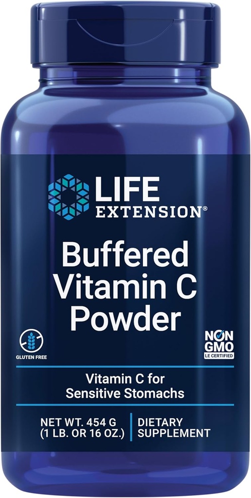 Extensión de la vida Pólvora de vitamina C, Minerales de Buffering, Calcio, Magnesio, Potasio & zinc, para estómagos sensibles, Gluten Free, No GMO, Vegetariano, 454 Gramos, Alrededor de 84 Servimientos