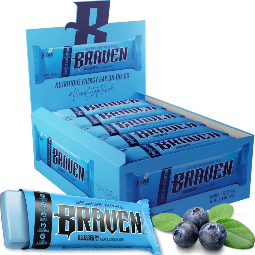 Bar Braven Blueberry Energy Bar (1.59 oz, Pack of 20) – Energy Chews with 5g Protein – On-the-Go Energy Snacks for Running, Hiking, and Sports - Gluten Free Snacks for Sustained Energy Boost