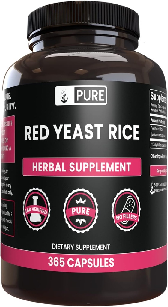 PURE ORIGINAL INGREDIENTES Red Yeast Rice (365 capsules) No Magnesium Or Rice Fillers, Siempre Puro, Lab Verified