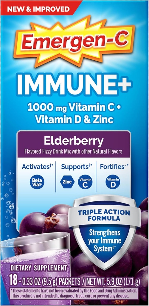 Emergen-C Immune+ Triple Action Immune Support Powder, BetaVia (R), 1000mg Vitamina C, B Vitaminas, Vitamina D y Antioxidantes, Elderberry, Volver a Esenciales Escolares – 18 Cuenta