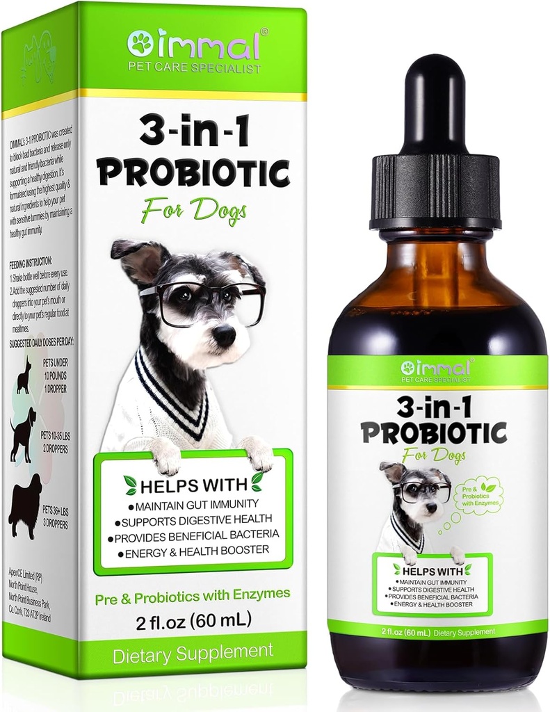 Probiótico para perros, natural 3 en 1 gotas probióticas para perros ayuda a aliviar la diarrea, apoya la salud del gurú, pica la piel, alergias, inmunidad, enzima digestiva para el suplemento del perro, sabor del tocino - 60ml / 2 fl.oz