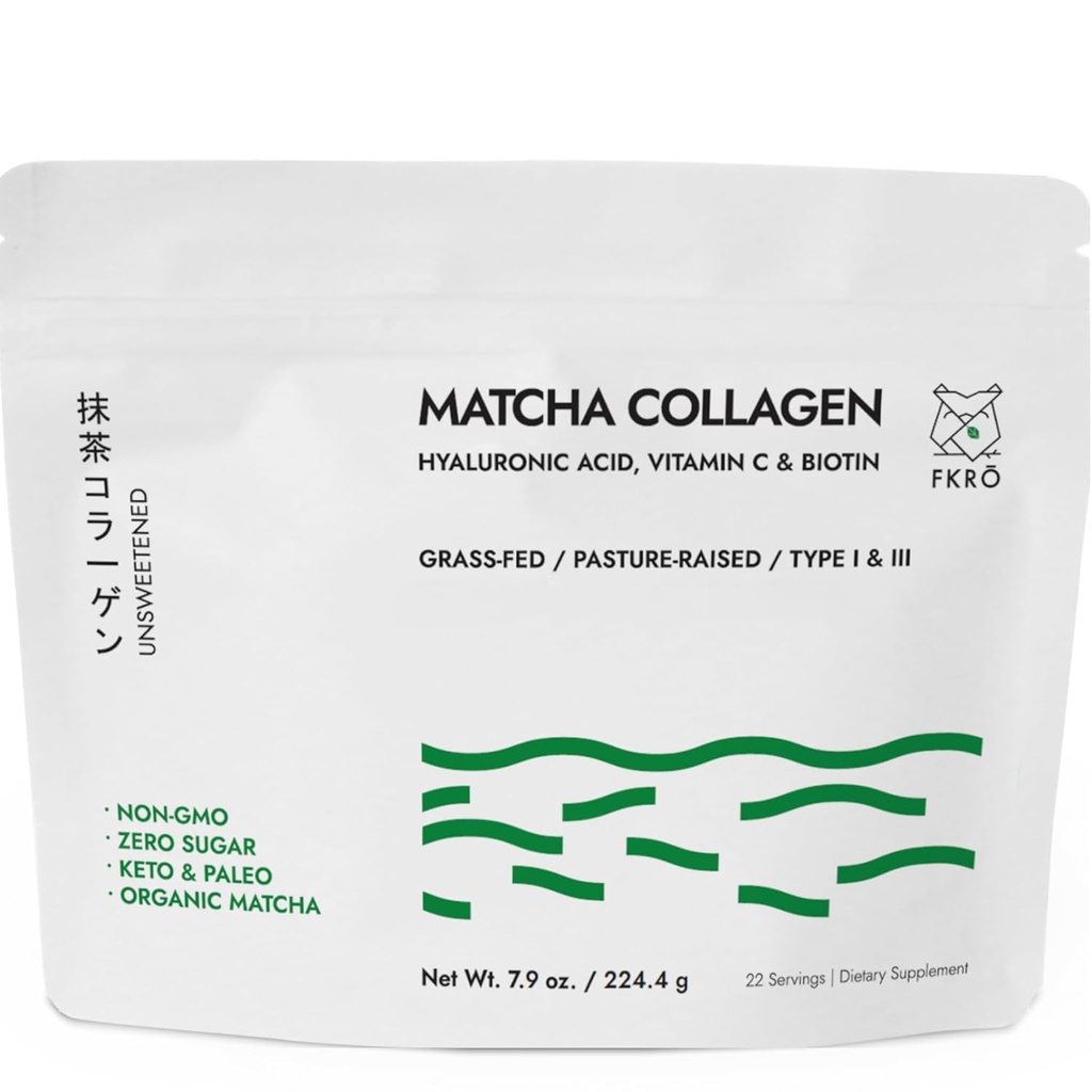 FKRO Matcha Collagen Powder w Biotina, ácido hialurónico & vitamina C - Cabello saludable, piel " uñas - Tipo natural I " III Polvo de colágeno hidrolizado, Tarta de Matcha sin mancha - 22 piezas, 7.9oz