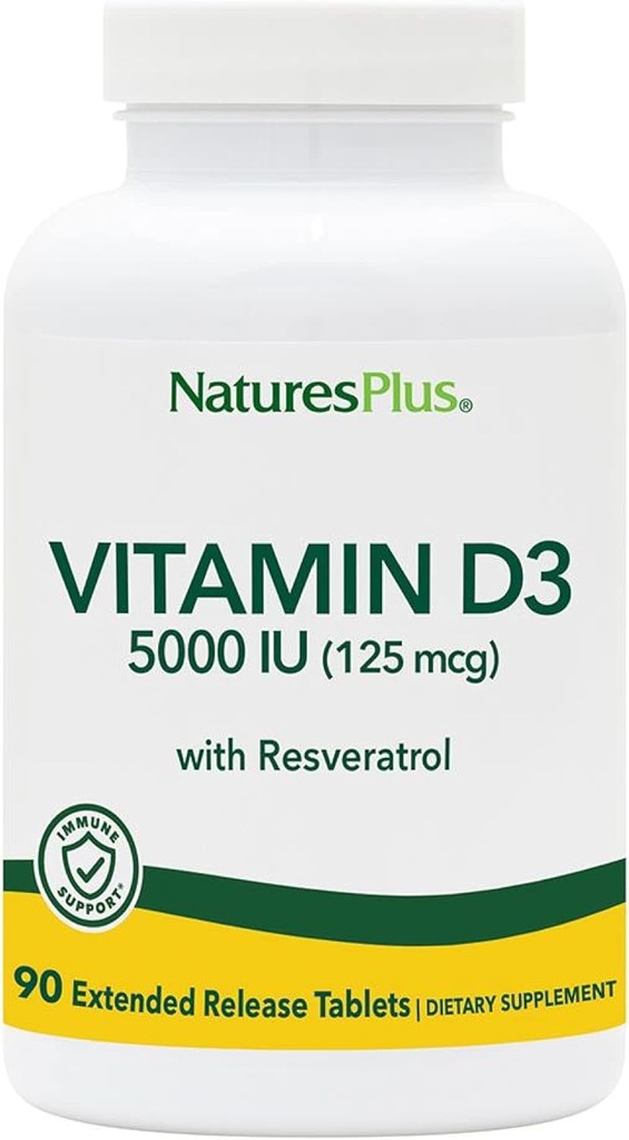 Natures Plus Vitamin D3, Extended Release - 90 Vegan Tablets - 5000 UI + 25 mg Trans-Resveratrol - Heart & Bone Health, Immune System Support, Anti-Aging - Gluten Free - 90 Servings