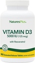 Natures Plus Vitamin D3, Extended Release - 90 Vegan Tablets - 5000 UI + 25 mg Trans-Resveratrol - Heart & Bone Health, Immune System Support, Anti-Aging - Gluten Free - 90 Servings