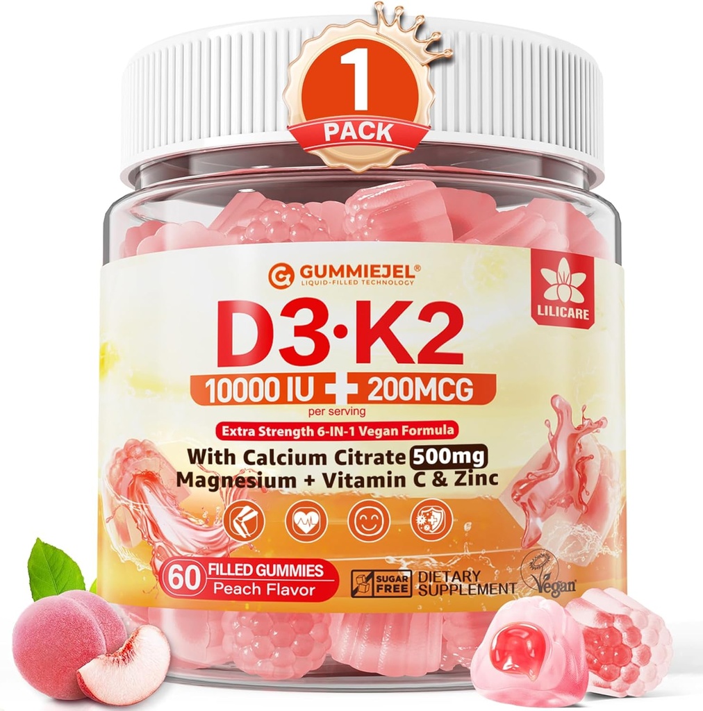 Vitamina D3 K2 Gummies 5000IU / 10.000 UI con 500mg Calcio + K2(MK-7) 200mcg, Magnesio, Vitamina C & Zinc, Extra Strength - Ultimate Absorbency for Bones, Muscles, Teeth, Vegan, 60 Conde (Pack of 1)