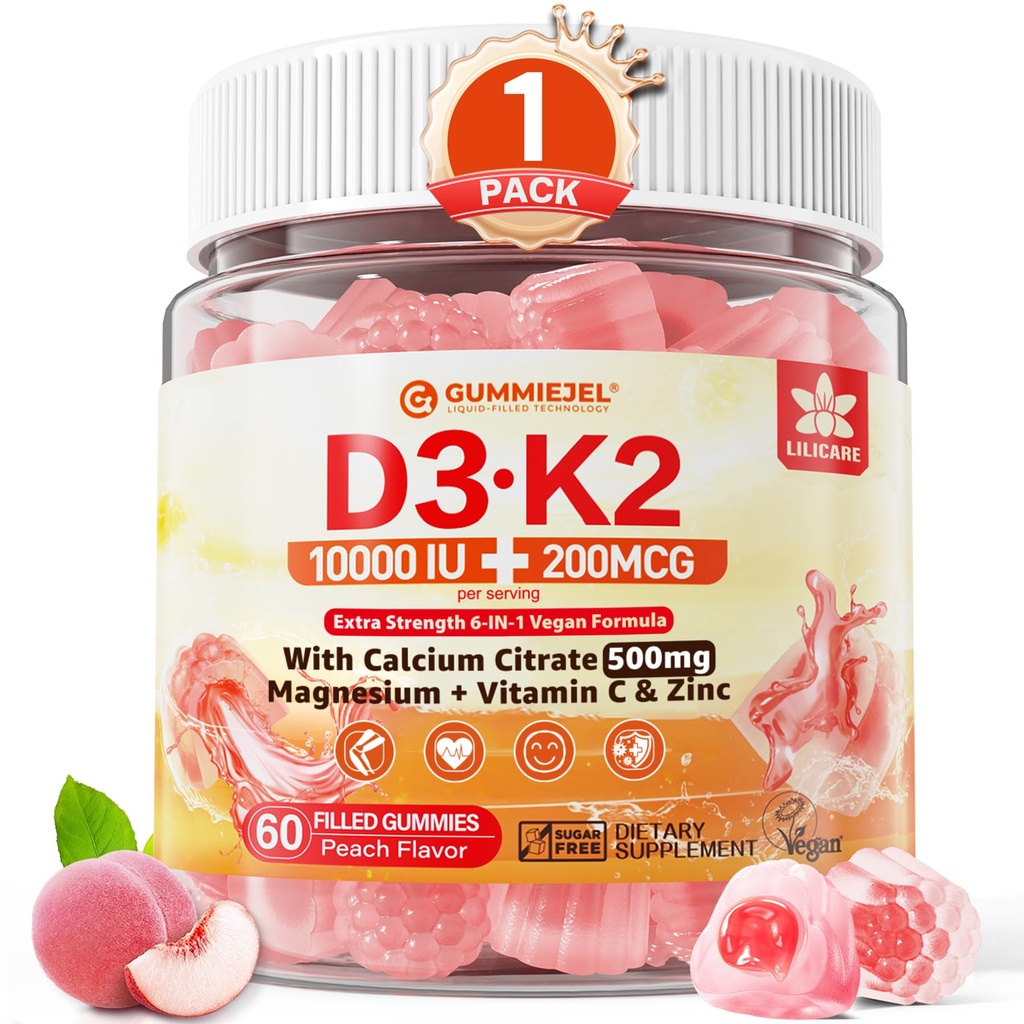 Vitamina D3 K2 Gummies 5000IU / 10.000 UI con 500mg Calcio + K2(MK-7) 200mcg, Magnesio, Vitamina C & Zinc, Extra Strength - Ultimate Absorbency for Bones, Muscles, Teeth, Vegan, 60 Conde (Pack of 1)