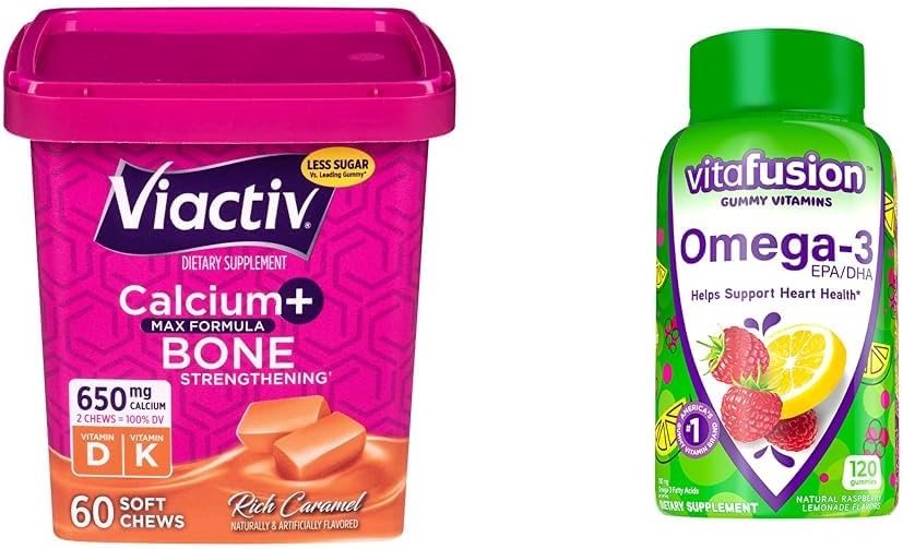 Viactiv Calcium Chews &amp; Vitafusion Omega-3 Gummy Vitaminas Bundle - 60 Calcium Chews for Bone Health + 120 Omega-3 Gummies for Heart Health