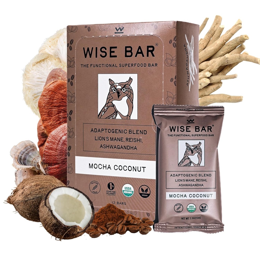 Wise Bar Adaptogen Mushroom Nutrition Bares con Reishi, Lions Mane & Ashwagandha, Organic Vegan &amp; Gluten Free Snacks for Natural Focus, Energy &amp; Immunity Support, Mocha Coconut Flavor, 12 Condes