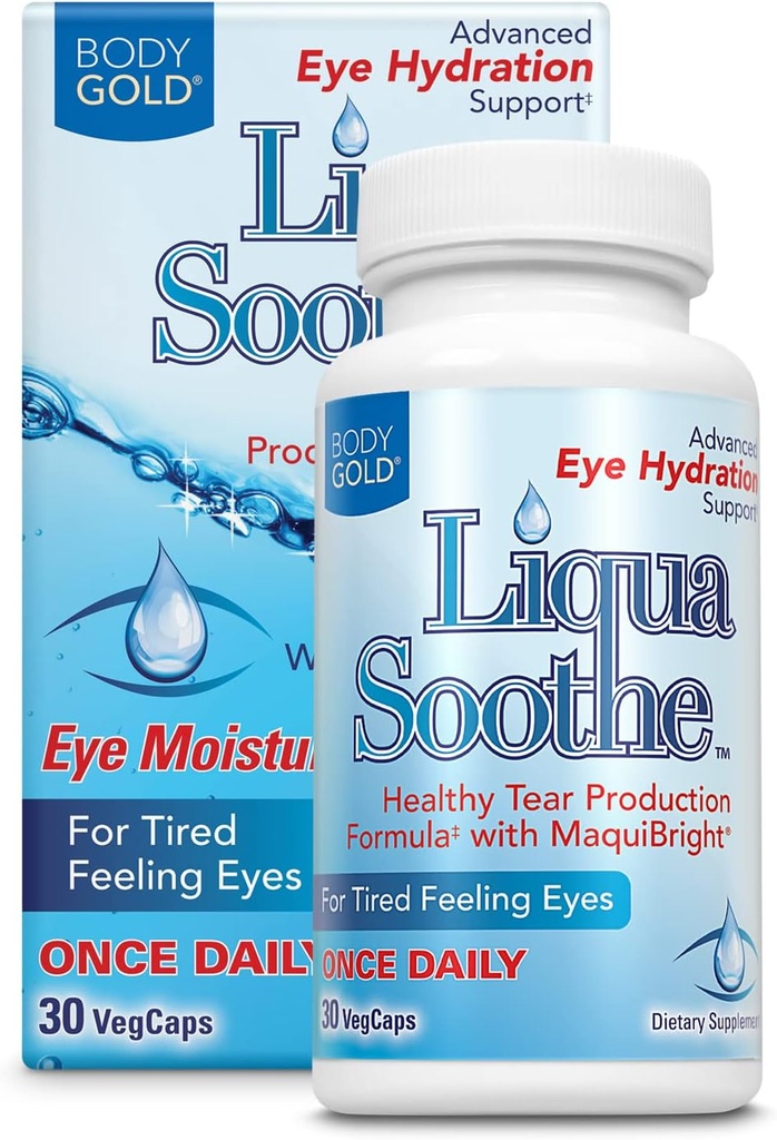 Body Gold Liqua Soothe Eye Health Supplement, Healthy Tear Production Formula for Dry, Tired Feeling Eyes, w/MaquiBright, Vitamina A, Lutein and Hyaluronic Acid, 60 Day Guarantee, 30 Serv, 30 VegCaps