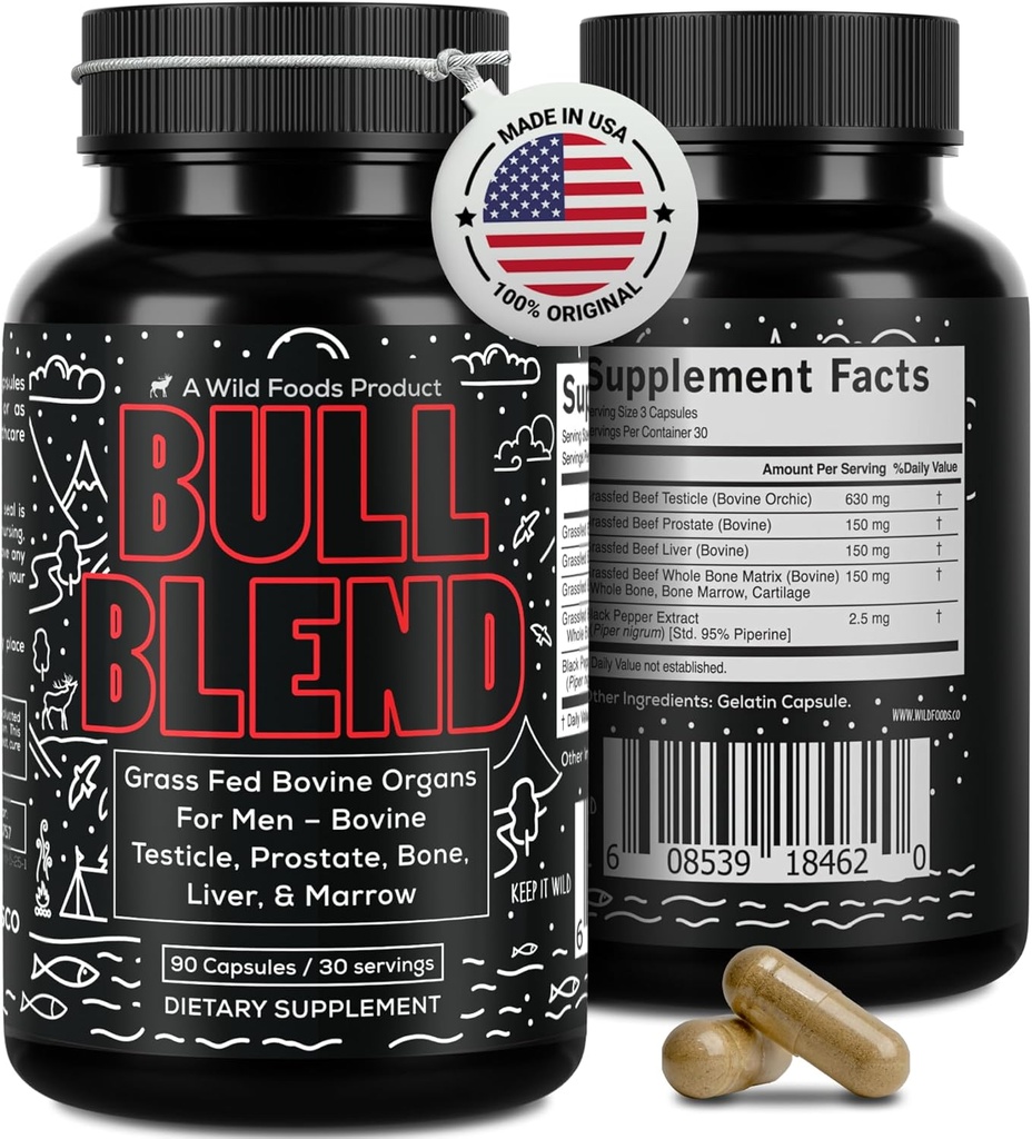 Wild Foods Men's Vitality Formula – Grass-Fed Bovine Supplement & Beef Liver Capsules with Testicle, Prostate, Whole Bone | Primal and Carnivore Diet Approved | Organ Meat Capsules (30-Day Supply)