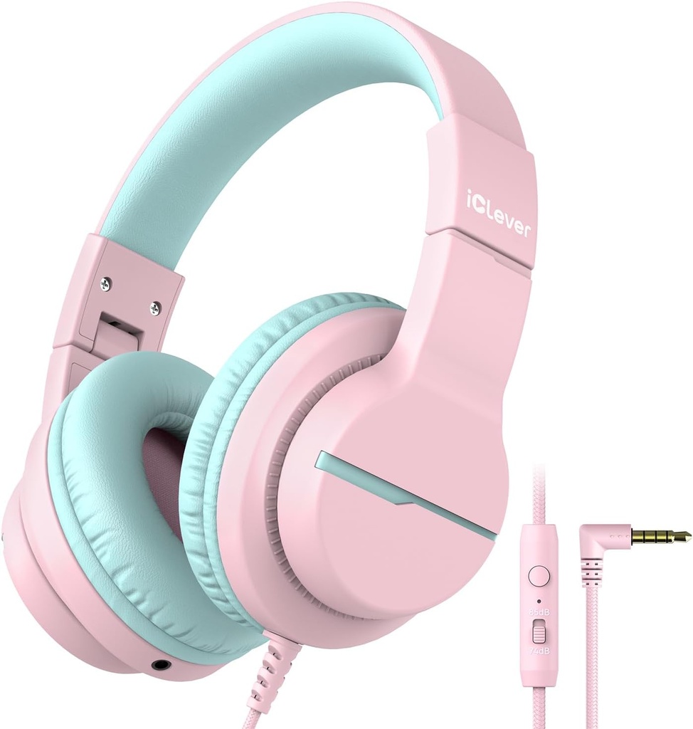 iClever HS19 Kids Headphones con micrófono para la escuela, Safe Volume Limited, Over-Ear Girls Boys Headphones para niños con Shareport, cable plegable para iPad/Travel (Pink)