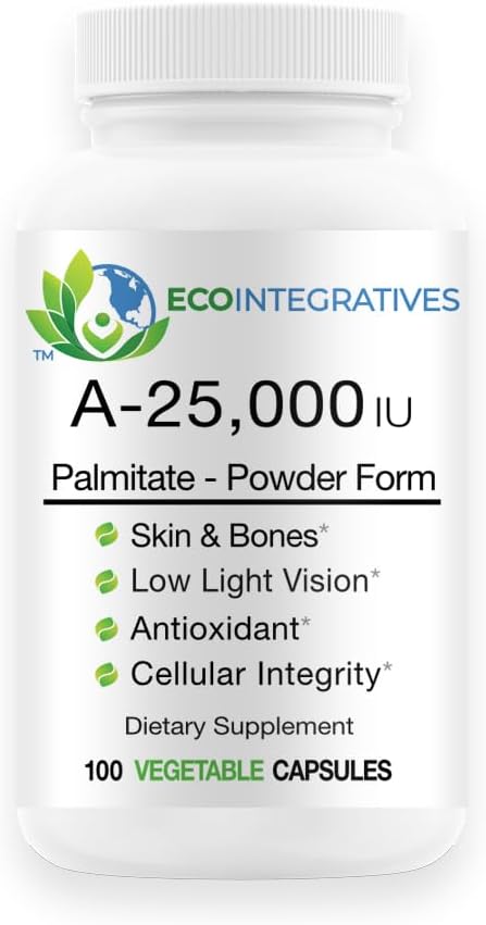 A-25,000 IU Palmitate Powder Form (100 cápsulas) Non-GMO, soporta baja visión de la luz, soporte inmunológico, integridad celular de los huesos de la piel, antioxidante (Standard)