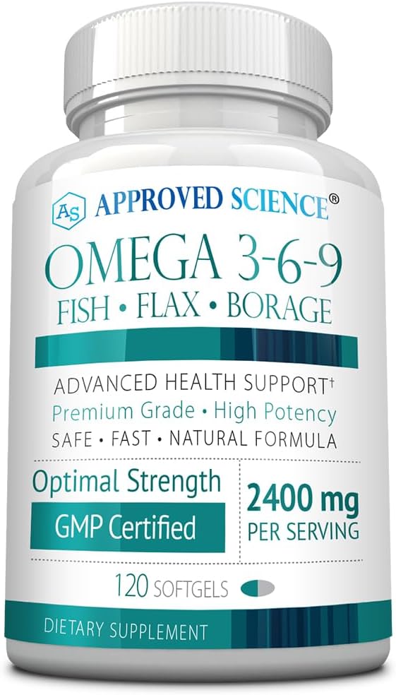 Ciencia Aprobada Omega 3-6-9-2400mg Daily Blend of Fish, Flaxseed, and Borage Oils with Vitamin E - Wellness Support - Non-GMO, Mercury-Free - 120 Softgels - 2 Month Supply