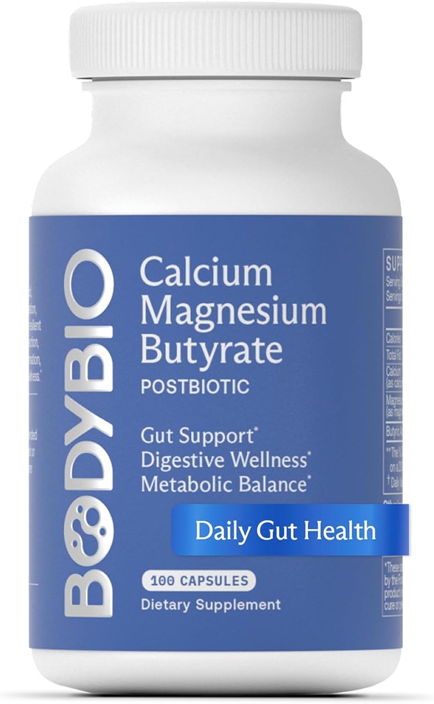 BodyBio Butyrate - Postbiotic for Gut Health, Digestive Support, Bloat, Gas & Constipation Relief, Leaky Gut Repair - Calcium, Magnesium + Butyric Acid Supplement for GI Wellness