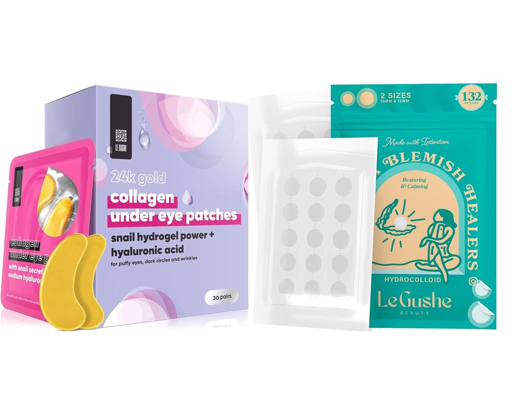 LE GUSHE Pimple Patches for Face (132 puntos) " Under Eye Patches (30 pares). Máscara de Ojo de Oro con Collagen &amp; Amino Acid, Cuidado de Ojo de Enfriamiento para Arrugas, Ojos Puffy & Círculos Oscuros