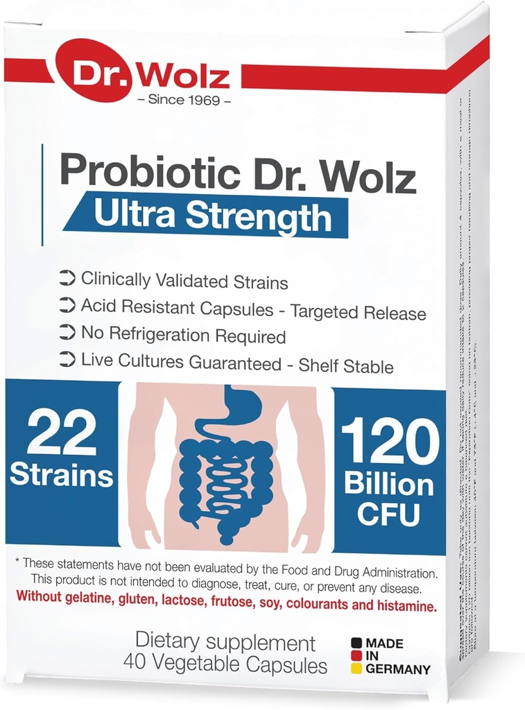 Probióticos Premium Alemán para Mujeres y Hombres, 120 Billones CFU - 22 Strains, cápsulas probióticas Vegan para Gut, y suplemento de Apoyo a la Salud Digestivo, Pill Fórmula 40 Cout