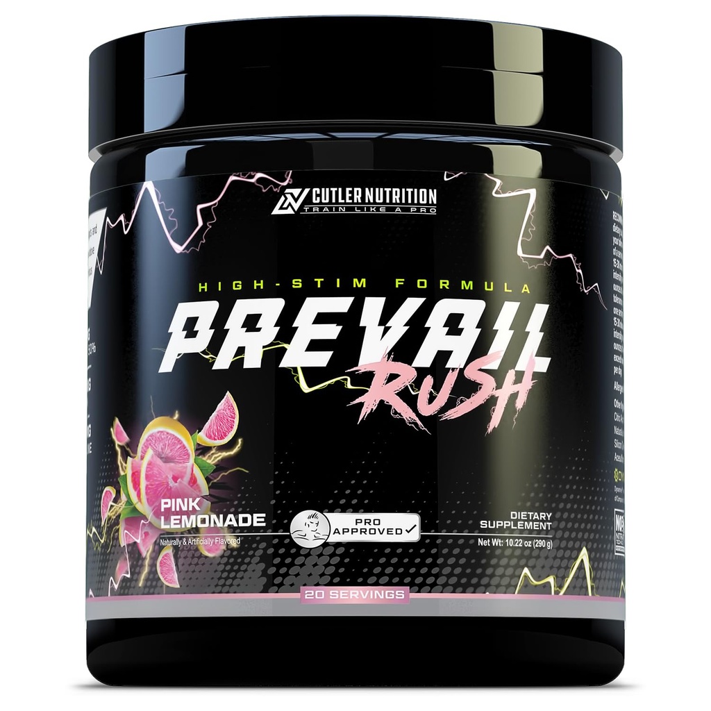 Cutler Nutrition High Stim Pre Workout Powder Prevail Rush Preworkout for Men &amp; Women for Intense Pumps Energy and Focus with Caffeine NO3T Betaine and Dynamine ← Pink Lemonade (20 Servings)