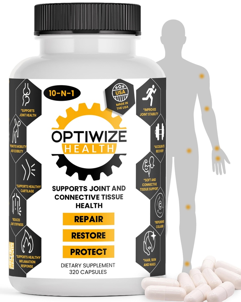 Soporte conjunto 10-in-1 Collagen hidrolizado,MSM, ácido hialurónico, Glucosamina,Chondroitin &amp; Más- Metas Mixta Descomfort, mejora la movilidad y flexibilidad 320 Caps for Men & Mujer Made in USA