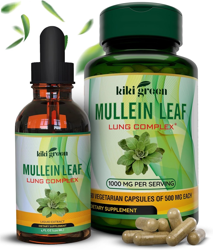 KIKI Green Mullein Capsules " Liquid Drops Bundle - Mullein Leaf Extract Supplements, 90 Capsules + 2 fl oz - for Respiratory " Immunity Support, Better Lung Function, Lung Cleanse &amp; Relief