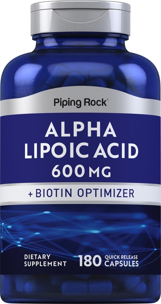 Piping Rock Alpha Lipoic Acid 600mg TEN 180 Capsules TEN Plus Biotin Optimizer TEN ALA Supplement TEN Non-GMO, Gluten Free