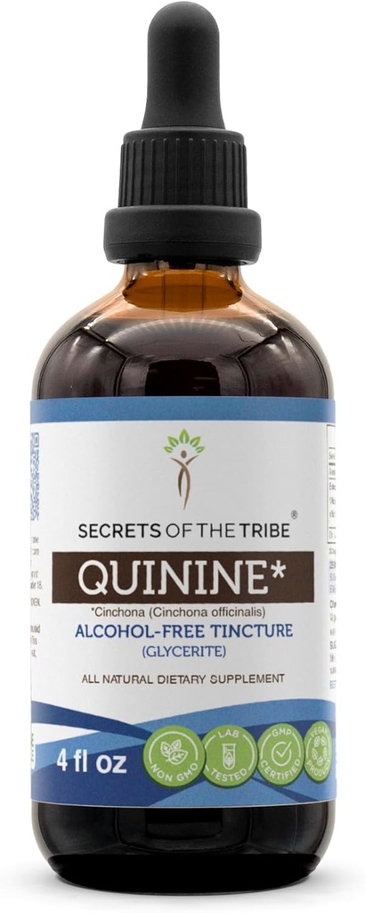 Secrets of the Tribe Quinine Alcohol-Free Tincture (Glycerite) 680 mg Wildcrafted Quinine (Cinchona officinalis) Dried Bark (4 Fl Oz) Leg Cramp Support Supplement