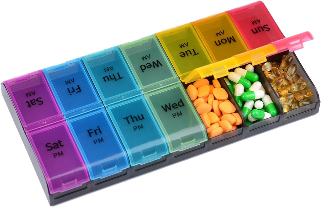 Gran capacidad Organizador semanal de píldoras, 7 días 2 veces un día Grandes compartimientos Pill Cases, AM/PM BPA-Free Pill Box Diseño para Vitaminas Petróleo de Pesca Suplementos Artritis Friendly (Rainbow)