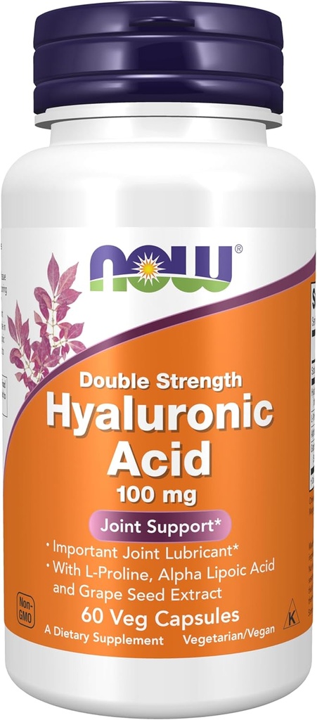 AHORA Suplementos de alimentos, ácido hialurónico 100 mg, doble fuerza con L-prolina, ácido lipoico alfa y extracto de semilla de uva, 60 cápsulas de veg