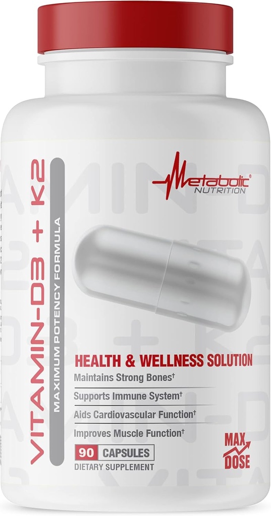 Nutrición metabólica Vitamina D3 + K2, Bone and Heart Health Formula, Immune Support, 90 Veggie Caps 7000IU per Capsule Max Dose