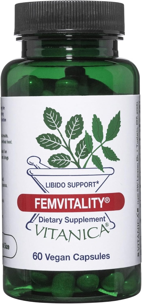 Vitanica FemVitality Libido Supplement for Women, Natural Female Libido Booster for Women, Incrementa la unidad íntima, el deseo y la resistencia, ayuda a la sequedad vaginal, Vegan 60 cápsulas