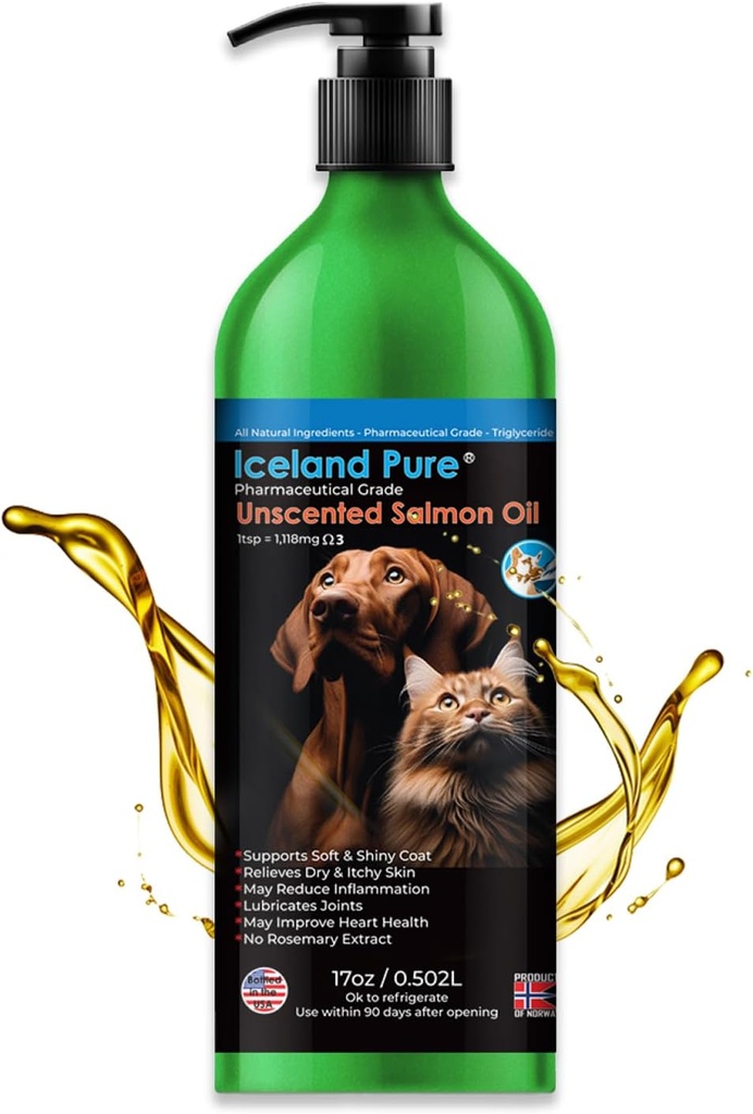 Islandia Puro Salmón Aceite TENIDO Grado Farmacéutico No centrado TEN 1118 mg de Omega-3 por cucharadita ANTERIENTE Suplemento Alimentario Líquido para Perros y Cats ANTERIOR BPA-Free Aluminio recubierto con bomba 17oz