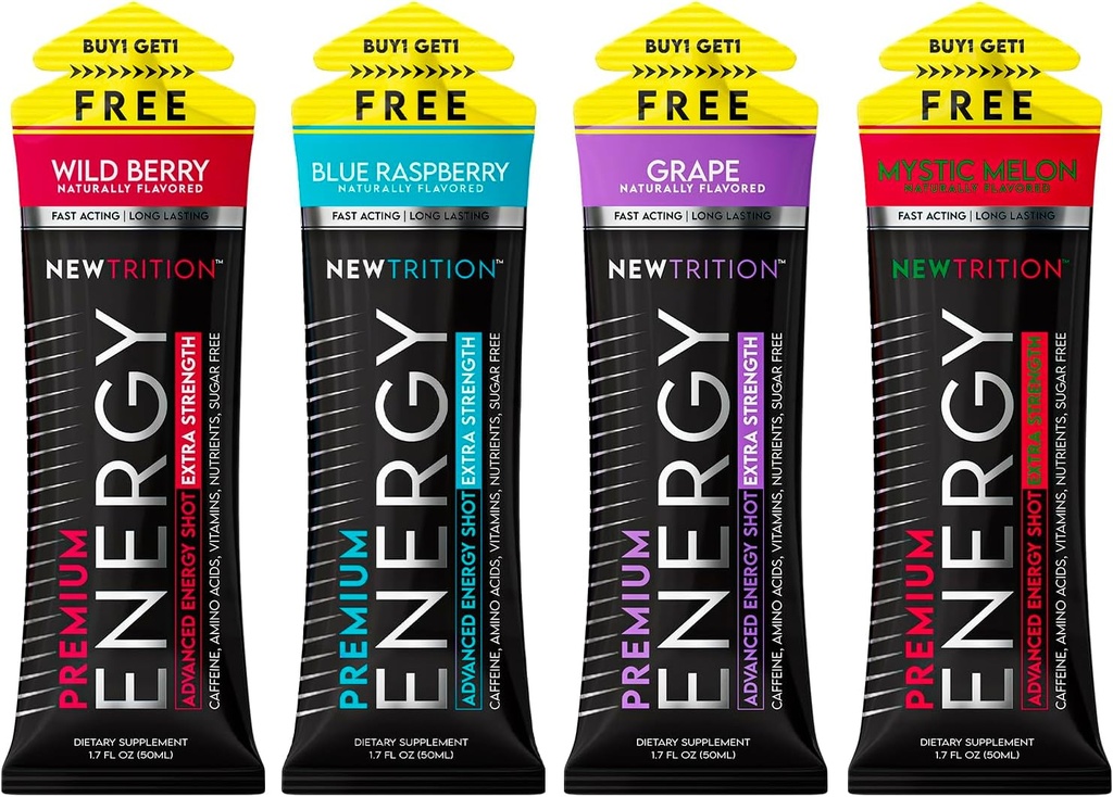 NewTrition® Extra Strength Energy Shots, 250mg Caffeine Energy with Vitamin B ' Amino Acids, Sugar-Free Vitamin Energy Shot, Zero Calorie Focus " Stamina Booster, 1.7 fl oz (Pack of 4, 4 Flavors-Mixed-1)