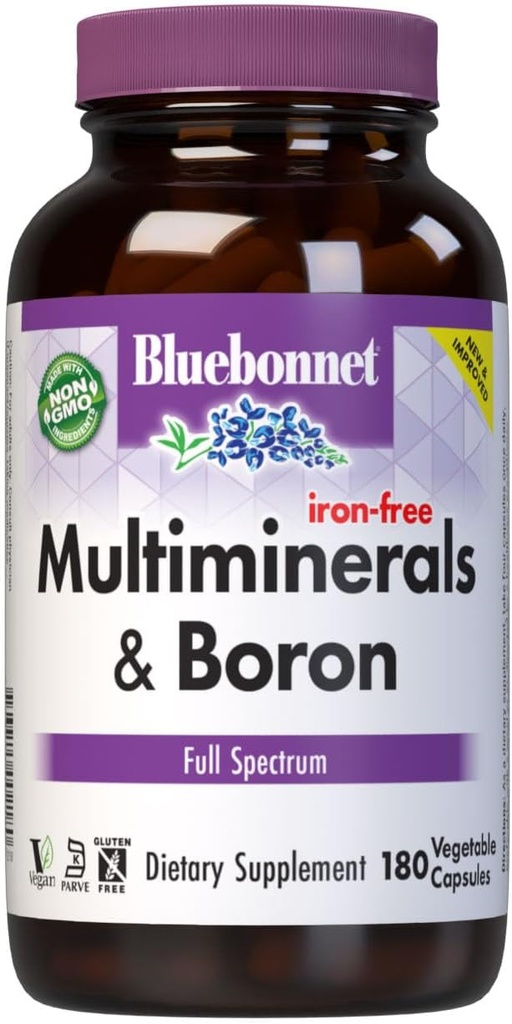 Bluebonnet Multi Minerals Suplemento Plus Boron Chelated Magnesium Potassium Copper Selenium Manganese Chromium & Zinc Complex for Women &amp; Men - No Iron, Non-GMO, Gluten-Free - 180 Vegetable Capsules