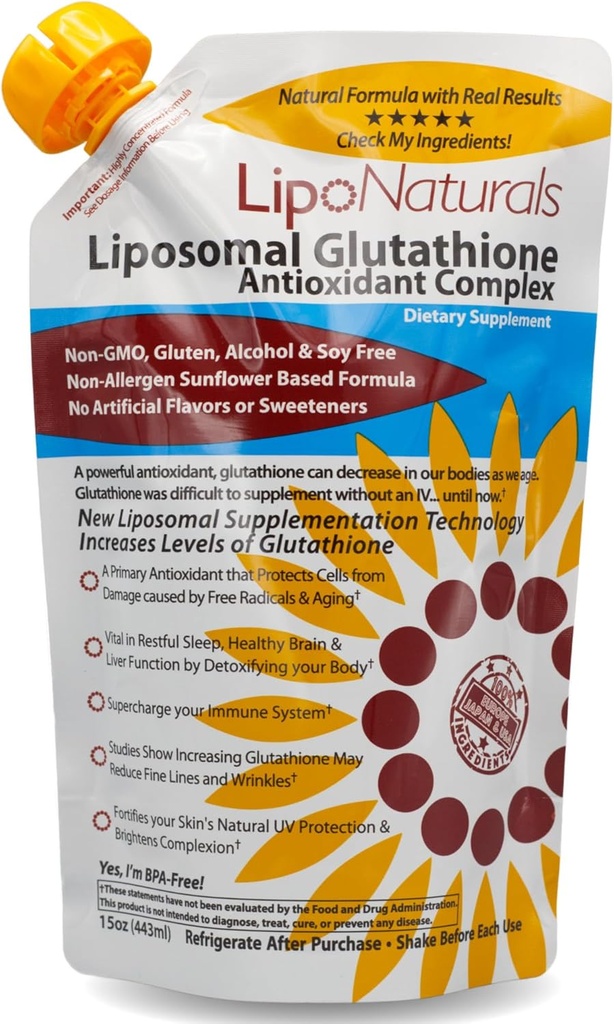 Lipo Naturals Complejo Liposomal Glutathione Liquid (30 Doses) - Inmunidad de la fórmula natural + Salud del hígado + Soporte Anti-Envejecimiento con Vitamina C - Vegan, Libre de China (15oz / 443ml)