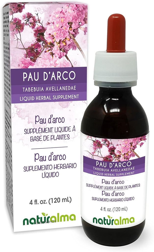 Naturalma PAU d'arco o Lapacho (Tabebuia avellanedae o Tecoma curialis) corteza Tintura libre de alcohol - 4 fl oz Extracto líquido en gotas - Suplemento herbal - Vegan
