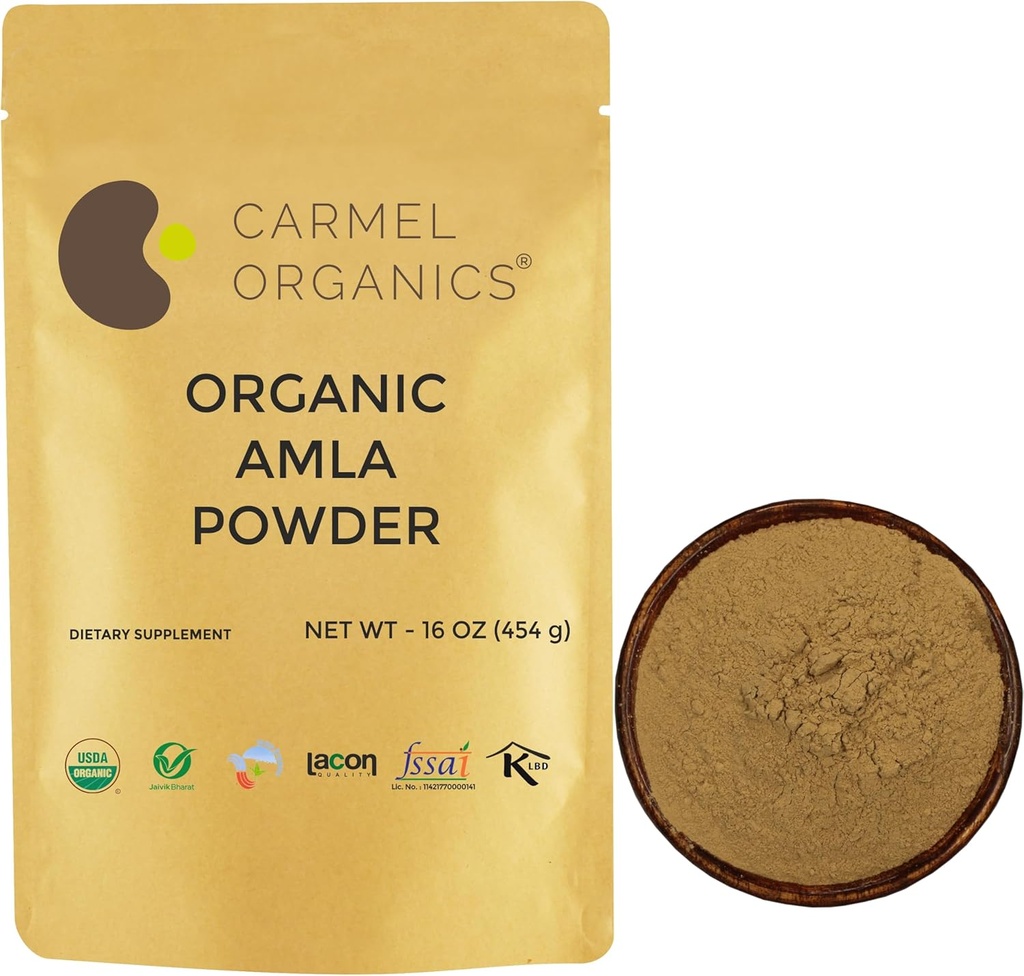 CARMEL ORGANICS Organic Amla/Amlaki (Emblica officinalis) Fruit Powder 16 Oz o 1 Lb (Pack of 1) Silencio USDA Certified Organic. No GMO &amp; Gluten libre Silencio No Añadido Preservatives
